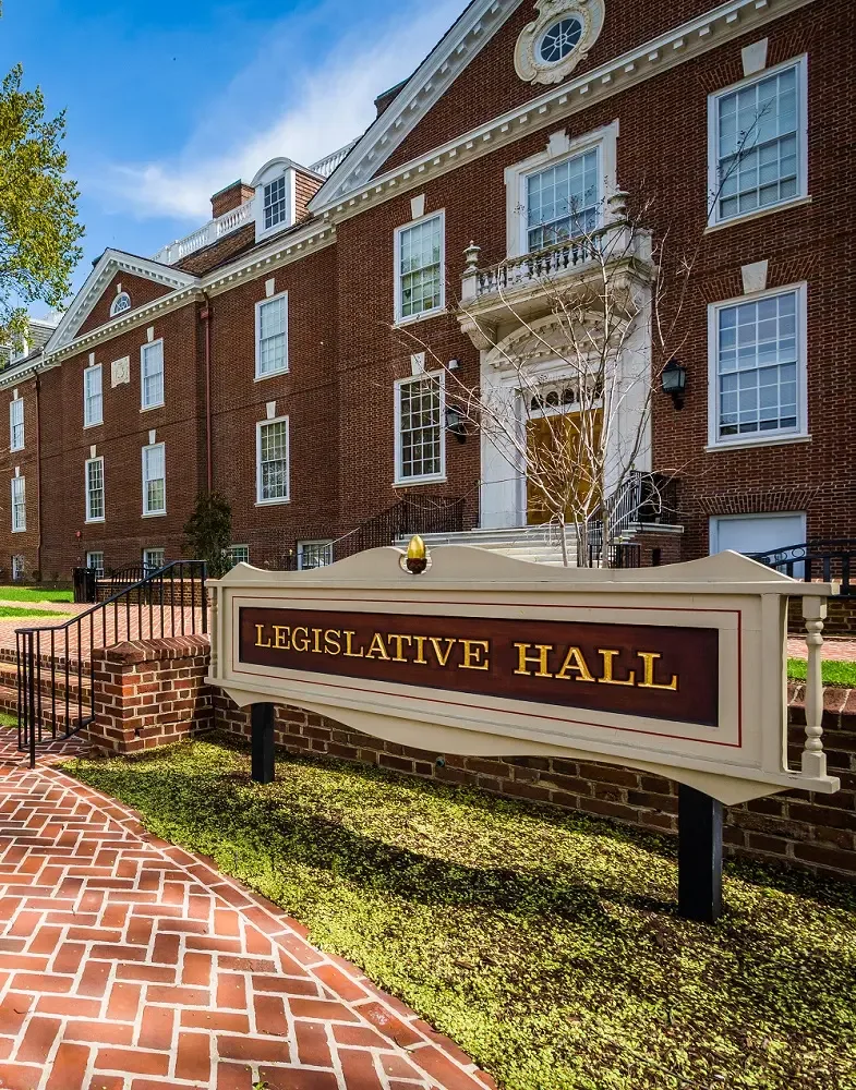 Legislative Hall in Dover, Delaware, with its carved sign out front