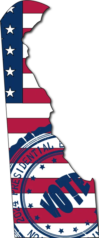 Map of Delaware in stars and stripes with a 2024 presidential election VOTE stamp
